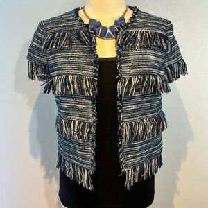 424 Fifth Lord&Taylor blue/white tweed fringe short sleeve jacket/blazer size 6